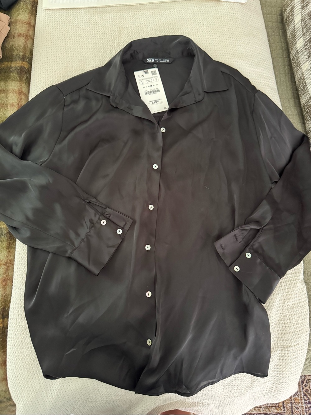 ZARA Womenβs Black Satin Button-Down Shirt